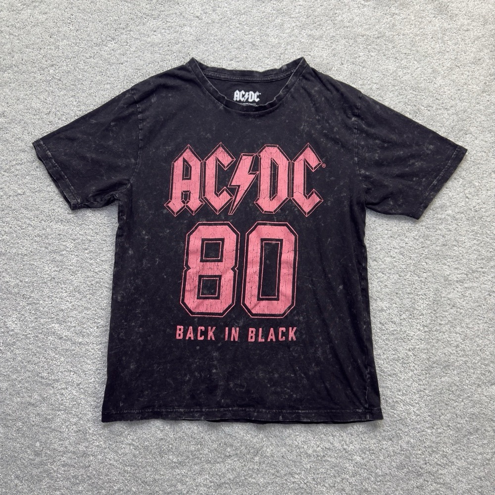 AC/DC Back in Black 80 Acid Wash T-Shirt Men's Medium Double Sided Band Tee